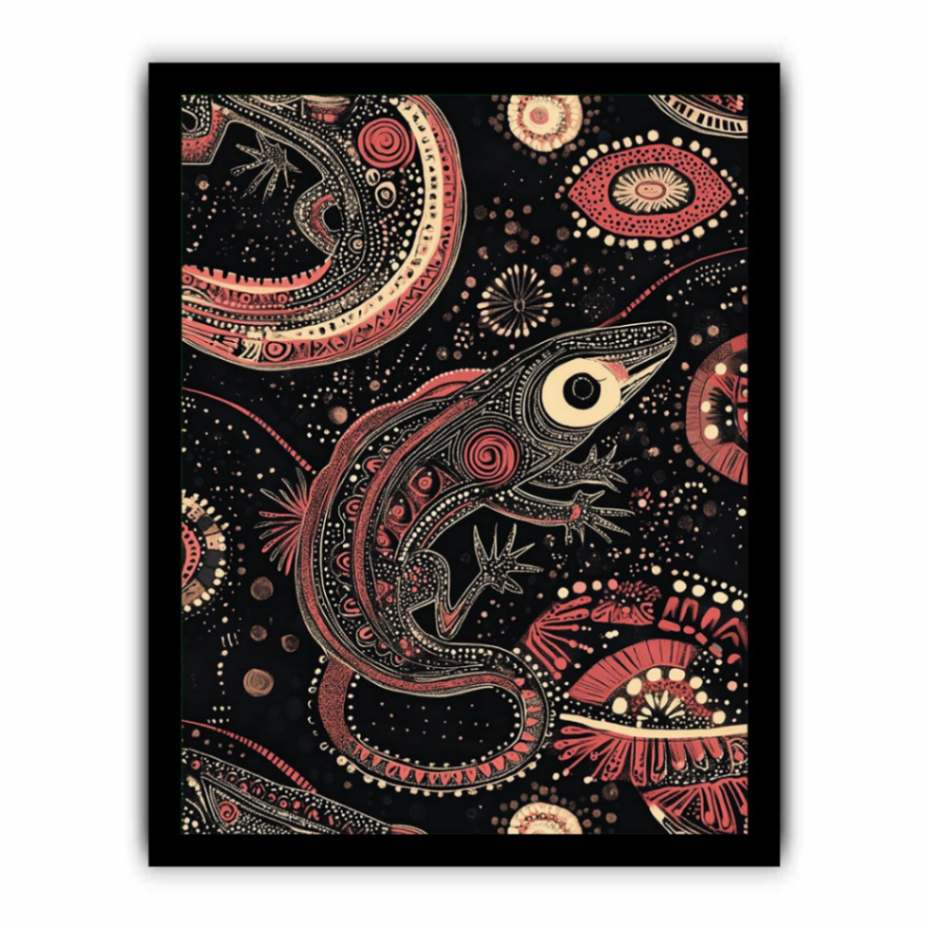 Bold lizard pattern canvas art with black and coral tones for hallway decor.
