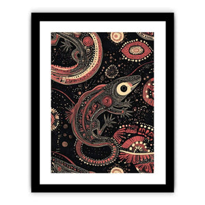 Bold lizard pattern canvas art with black and coral tones for hallway decor.