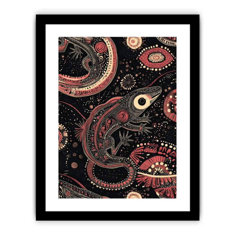 Bold lizard pattern canvas art with black and coral tones for hallway decor.