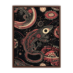 Bold lizard pattern canvas art with black and coral tones for hallway decor.