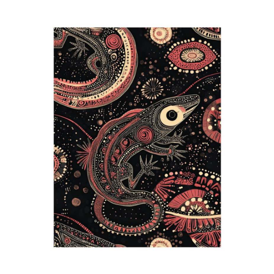 Bold lizard pattern canvas art with black and coral tones for hallway decor.