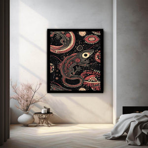 Bold lizard pattern canvas art with black and coral tones for hallway decor.
