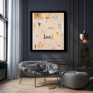 Soft abstract love typography canvas art for bedroom or creative room decor.