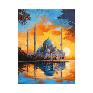 Blue mosque sunset canvas art with water reflections for luxury living room decor.