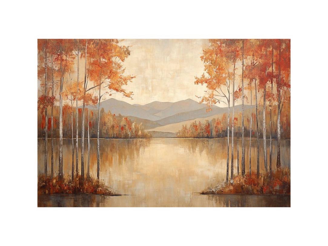 Autumn lake landscape canvas art with trees and mountains for calm living room decor.