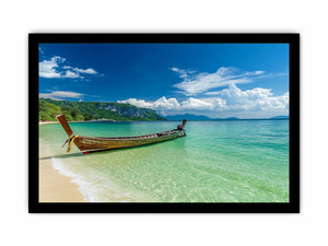 Tropical beach boat photography canvas art for coastal living room decor.