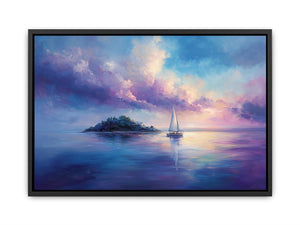 Dreamy sailboat seascape canvas art in blue and violet for bedroom decor.