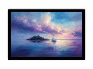 Dreamy sailboat seascape canvas art in blue and violet for bedroom decor.