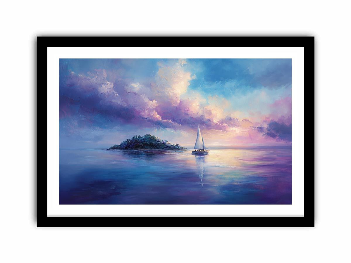 Dreamy sailboat seascape canvas art in blue and violet for bedroom decor.