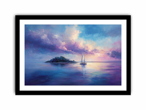 Dreamy sailboat seascape canvas art in blue and violet for bedroom decor.