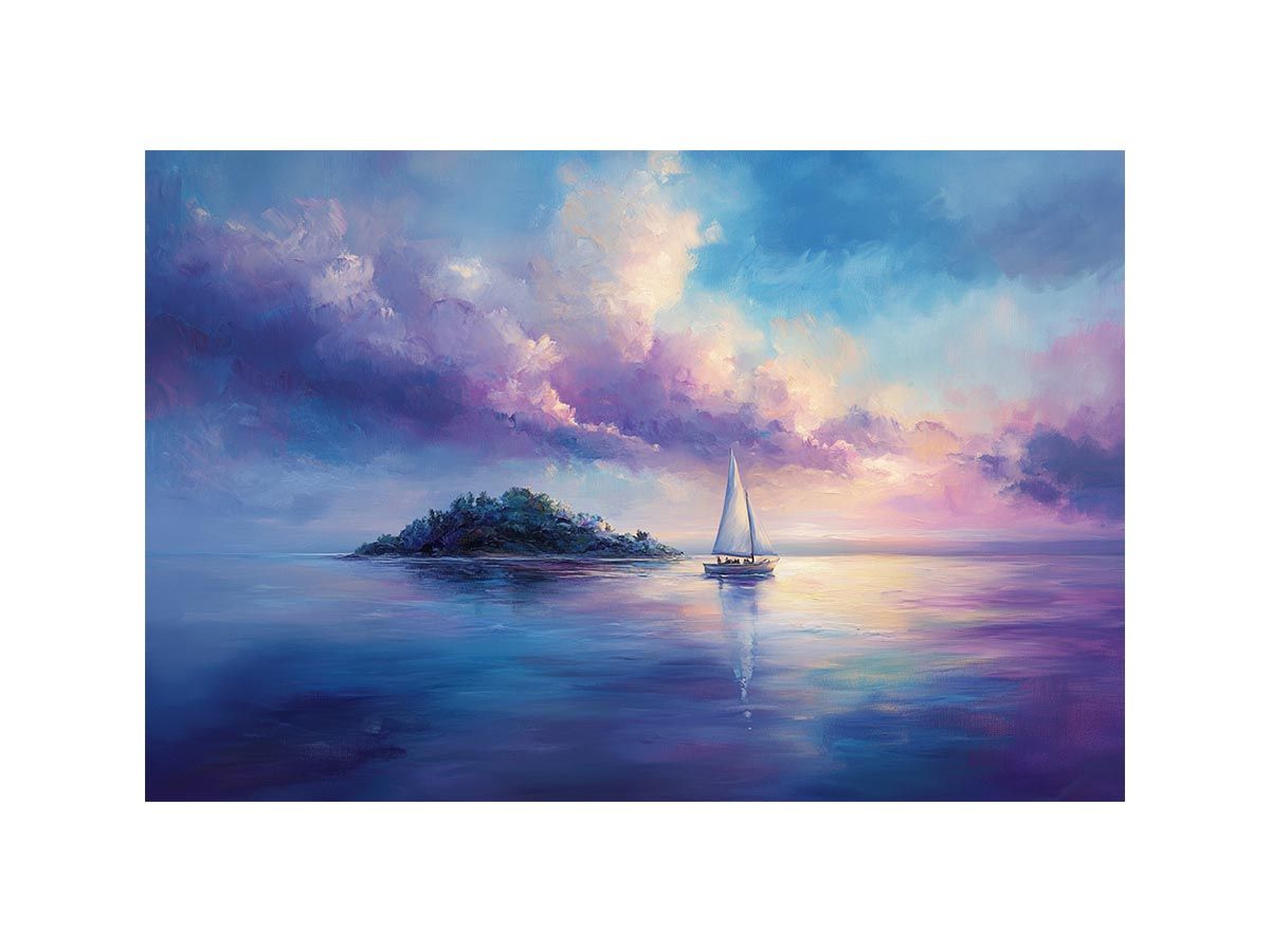 Dreamy sailboat seascape canvas art in blue and violet for bedroom decor.
