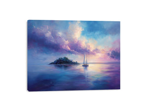 Dreamy sailboat seascape canvas art in blue and violet for bedroom decor.