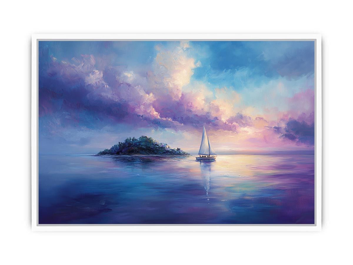 Dreamy sailboat seascape canvas art in blue and violet for bedroom decor.