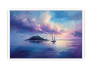 Dreamy sailboat seascape canvas art in blue and violet for bedroom decor.