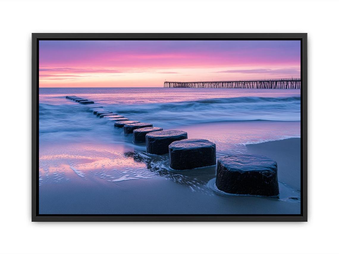Coastal sunset pier photography canvas art for modern living room decor.