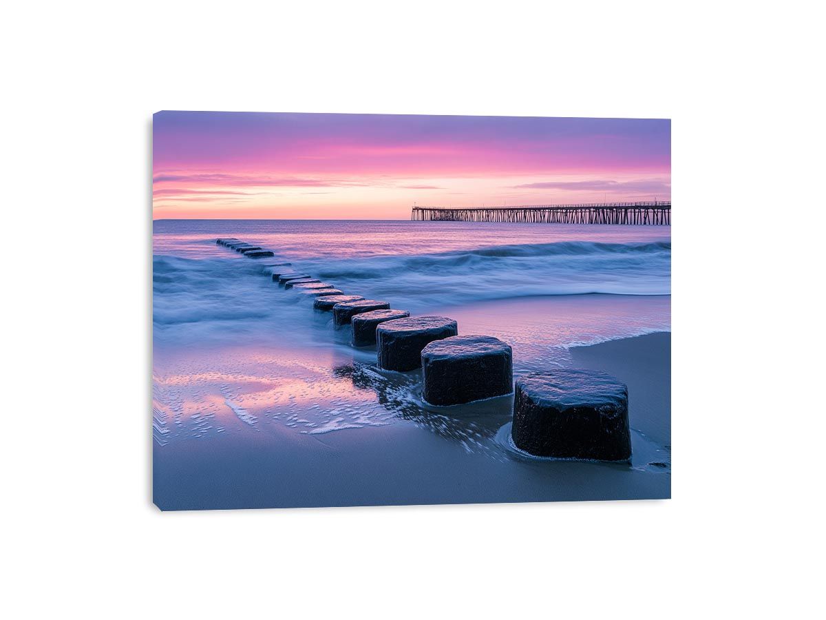 Coastal sunset pier photography canvas art for modern living room decor.