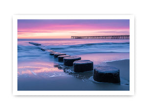 Coastal sunset pier photography canvas art for modern living room decor.