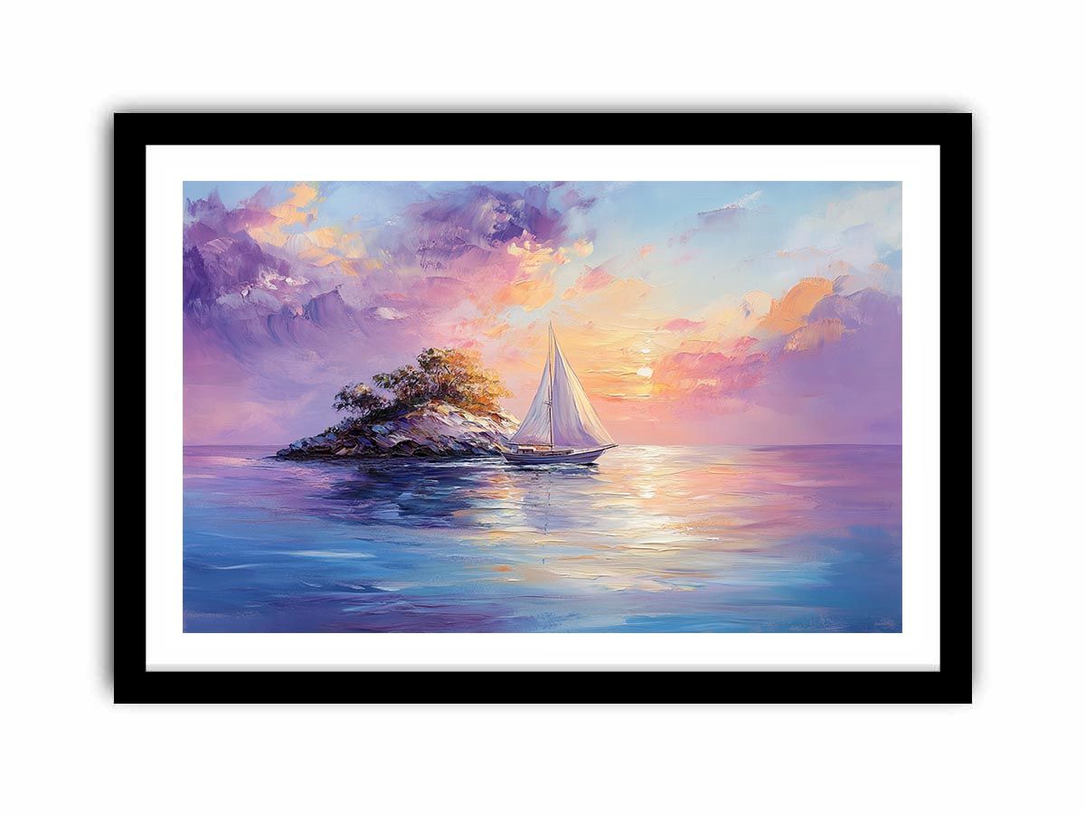 Pastel sailboat canvas art with island sunset for coastal bedroom decor.