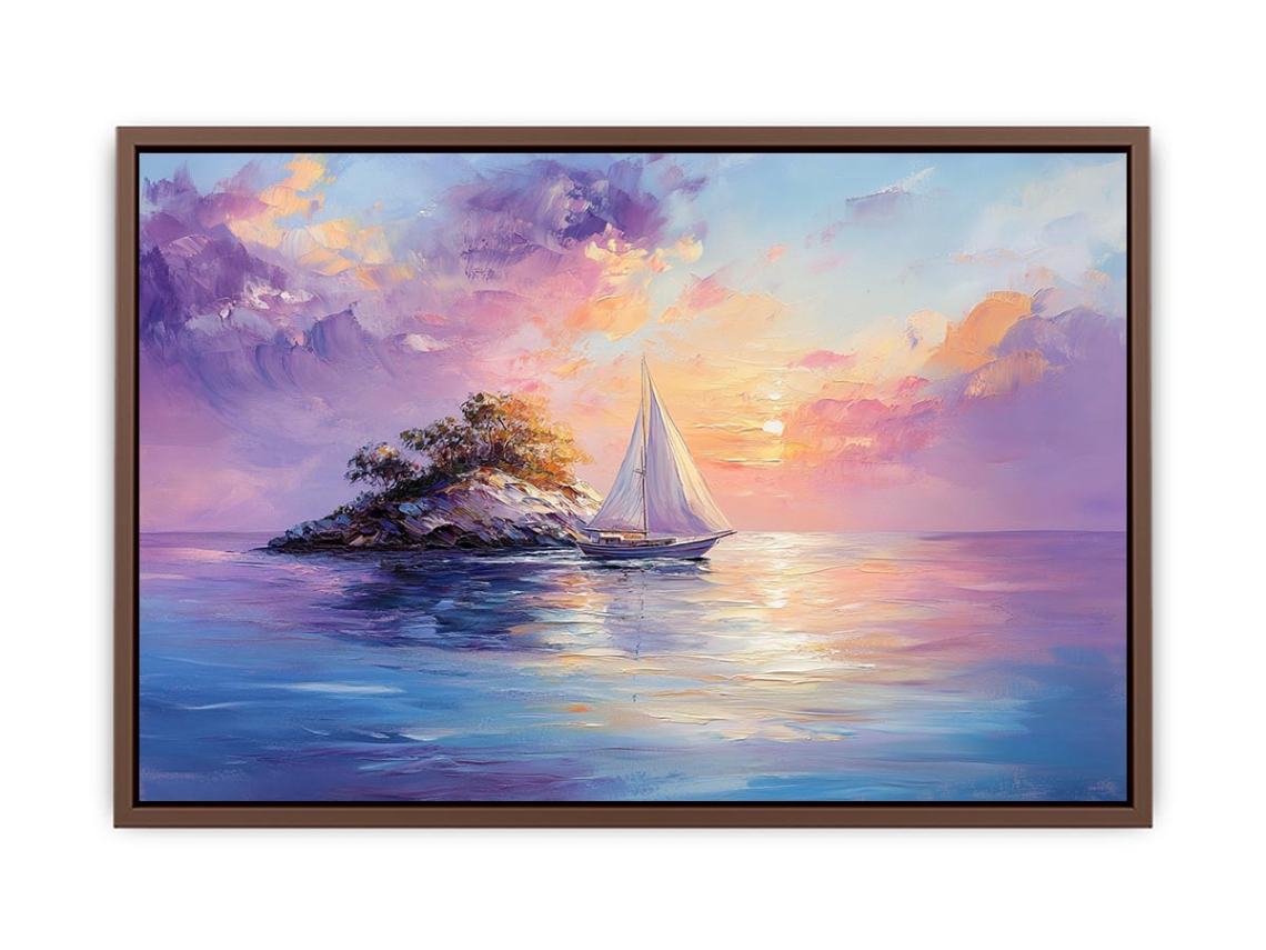 Pastel sailboat canvas art with island sunset for coastal bedroom decor.