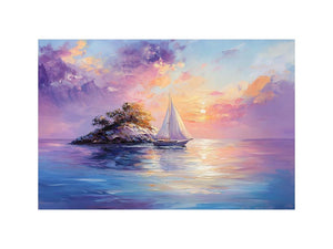 Pastel sailboat canvas art with island sunset for coastal bedroom decor.