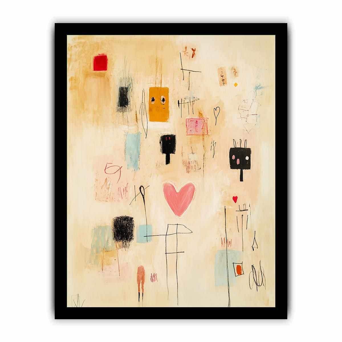 Playful abstract heart canvas art with hand drawn faces for kids room decor.