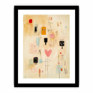 Playful abstract heart canvas art with hand drawn faces for kids room decor.