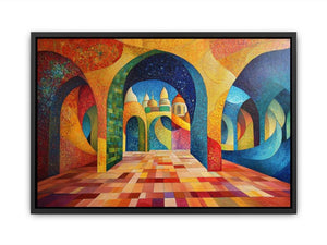Colourful geometric arch canvas art for luxury dining room decor.