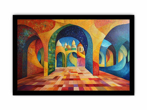 Colourful geometric arch canvas art for luxury dining room decor.