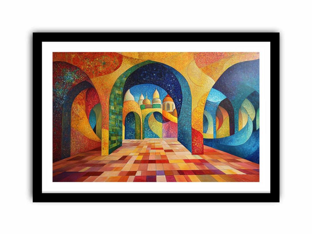 Colourful geometric arch canvas art for luxury dining room decor.