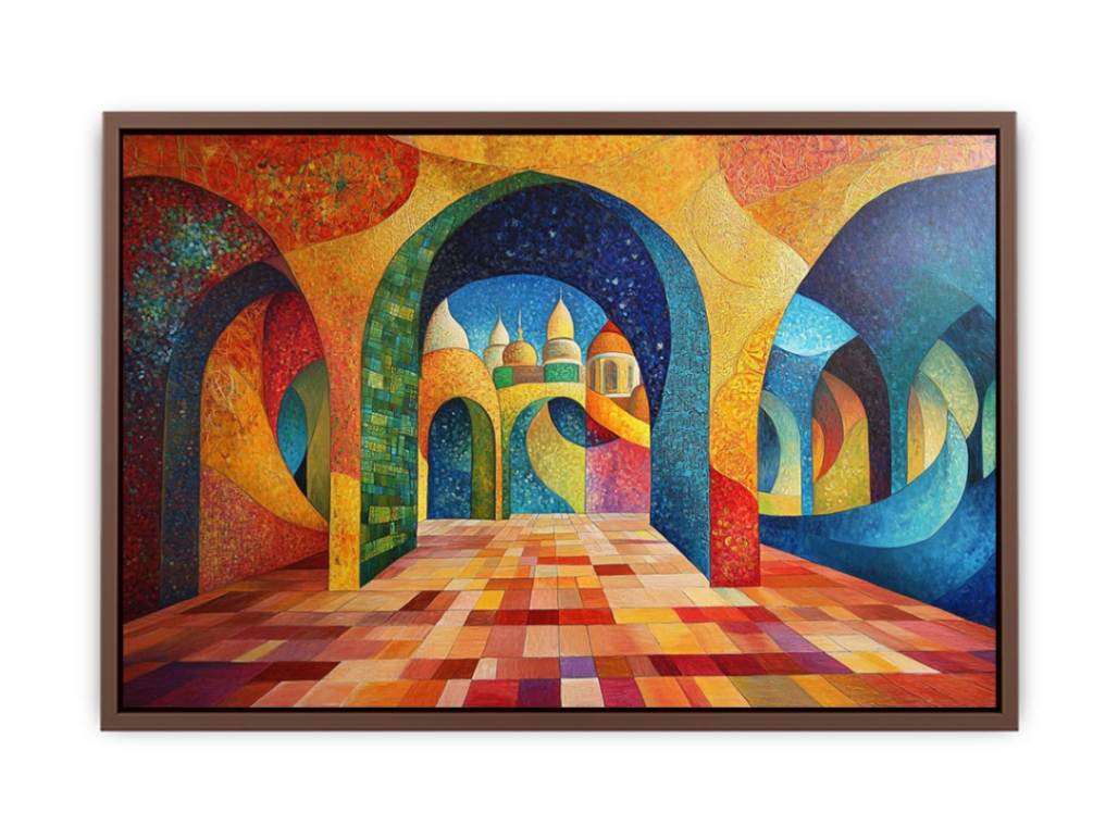 Colourful geometric arch canvas art for luxury dining room decor.