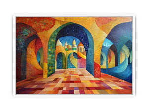 Colourful geometric arch canvas art for luxury dining room decor.