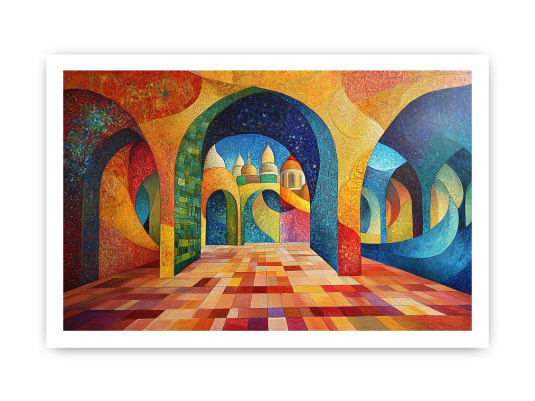 Colourful geometric arch canvas art for luxury dining room decor.