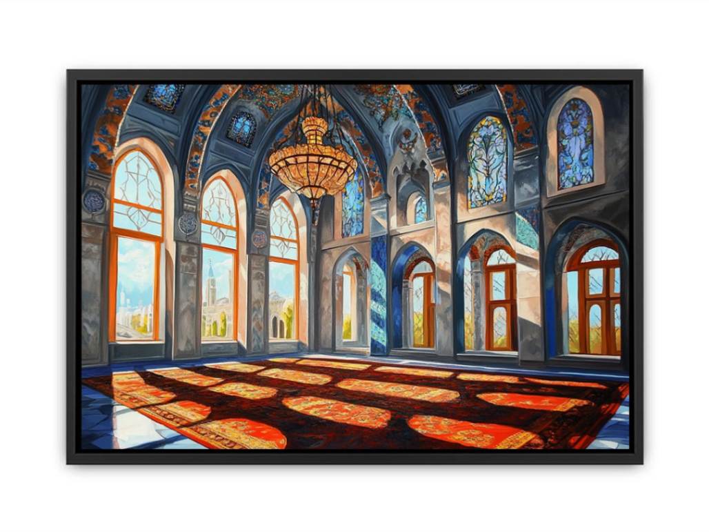 Architectural cathedral hall canvas art with stained glass for elegant hallway decor.