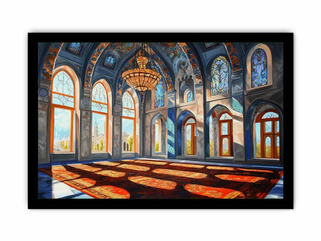 Architectural cathedral hall canvas art with stained glass for elegant hallway decor.