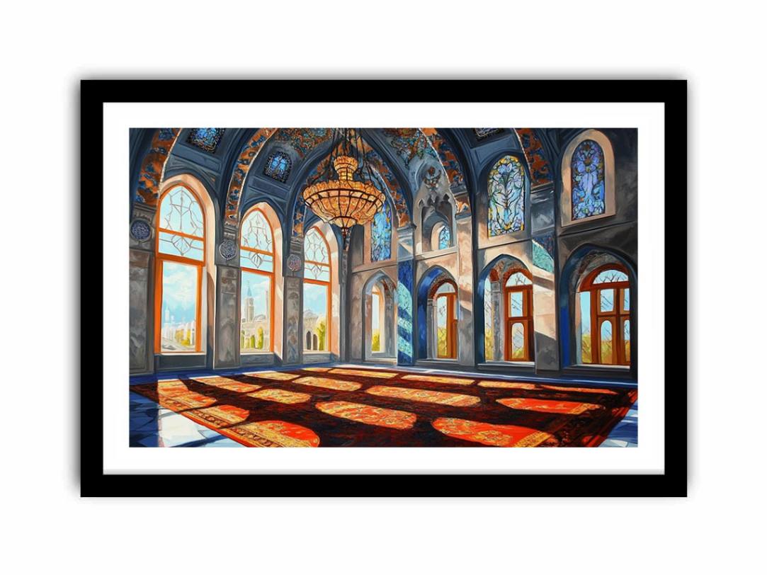 Architectural cathedral hall canvas art with stained glass for elegant hallway decor.