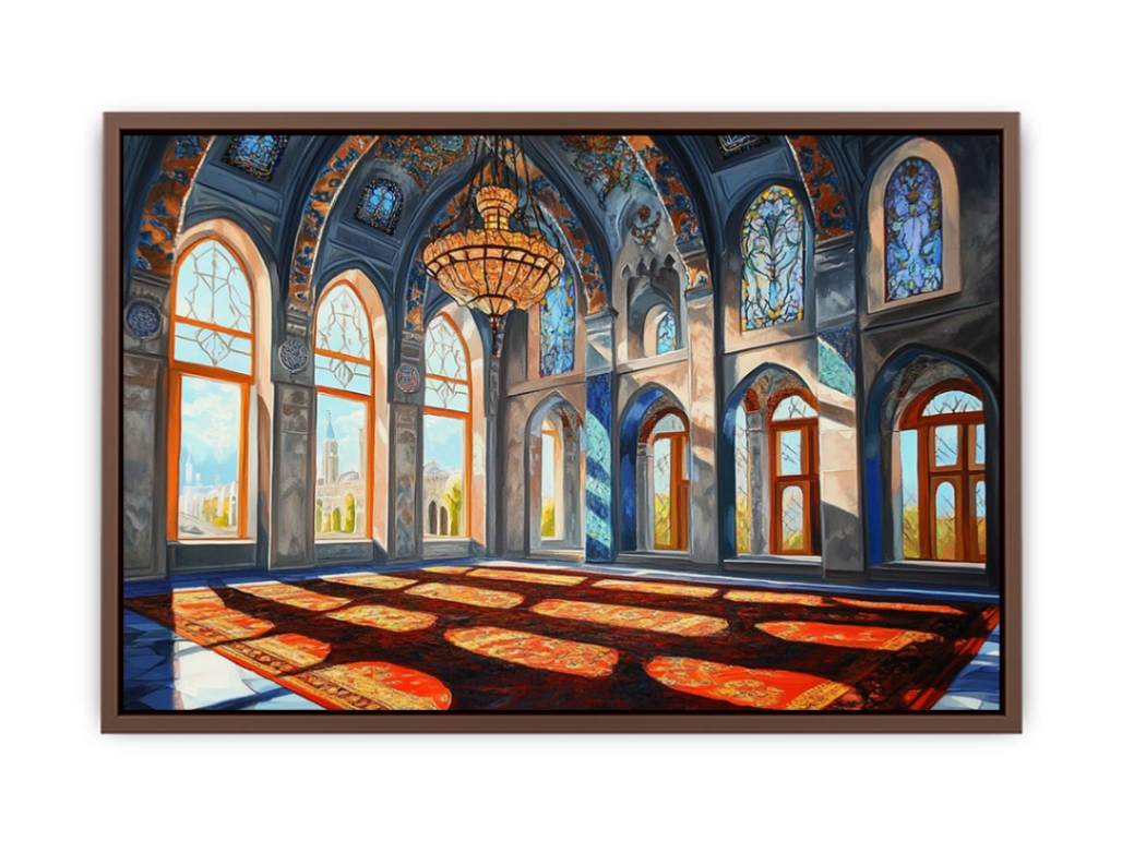 Architectural cathedral hall canvas art with stained glass for elegant hallway decor.