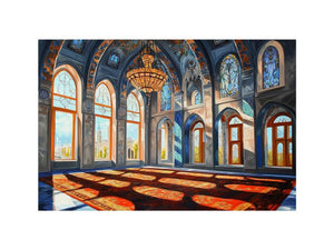 Architectural cathedral hall canvas art with stained glass for elegant hallway decor.