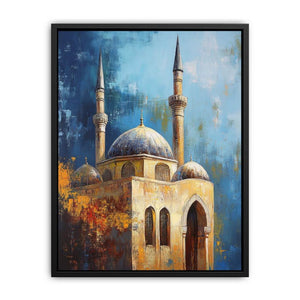 Blue mosque architecture canvas art with domes and minarets for refined office decor.