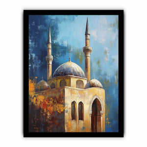 Blue mosque architecture canvas art with domes and minarets for refined office decor.