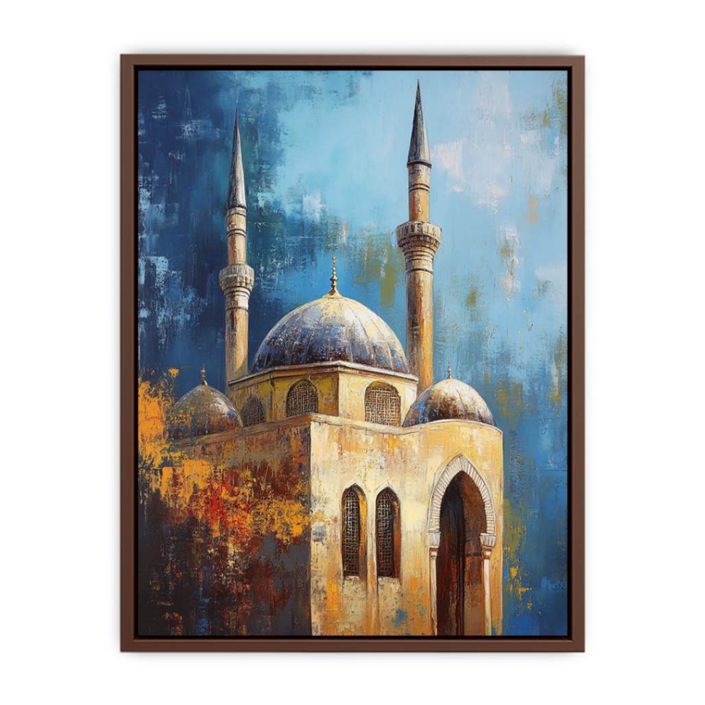 Blue mosque architecture canvas art with domes and minarets for refined office decor.