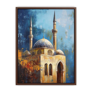 Blue mosque architecture canvas art with domes and minarets for refined office decor.