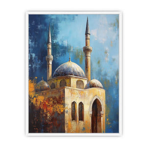 Blue mosque architecture canvas art with domes and minarets for refined office decor.