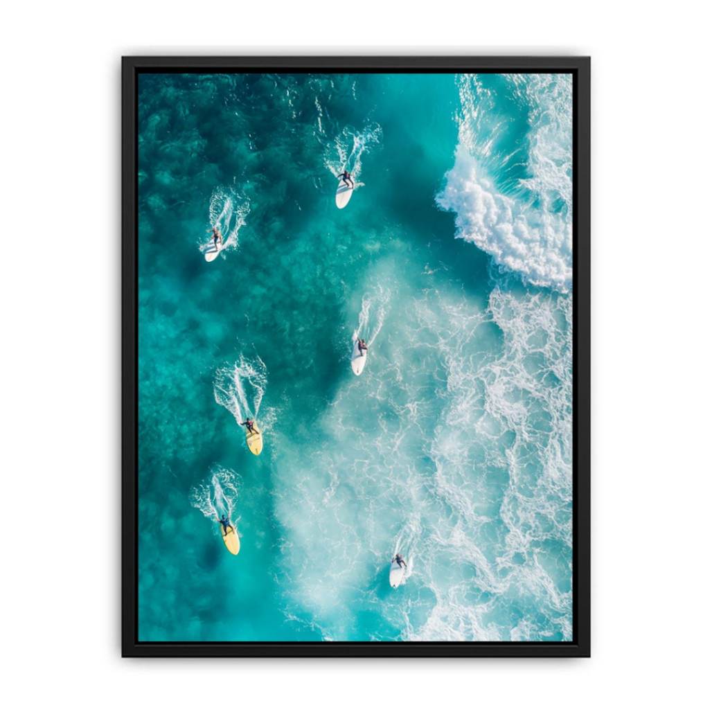 Aerial ocean surfers artwork for modern coastal living room decor