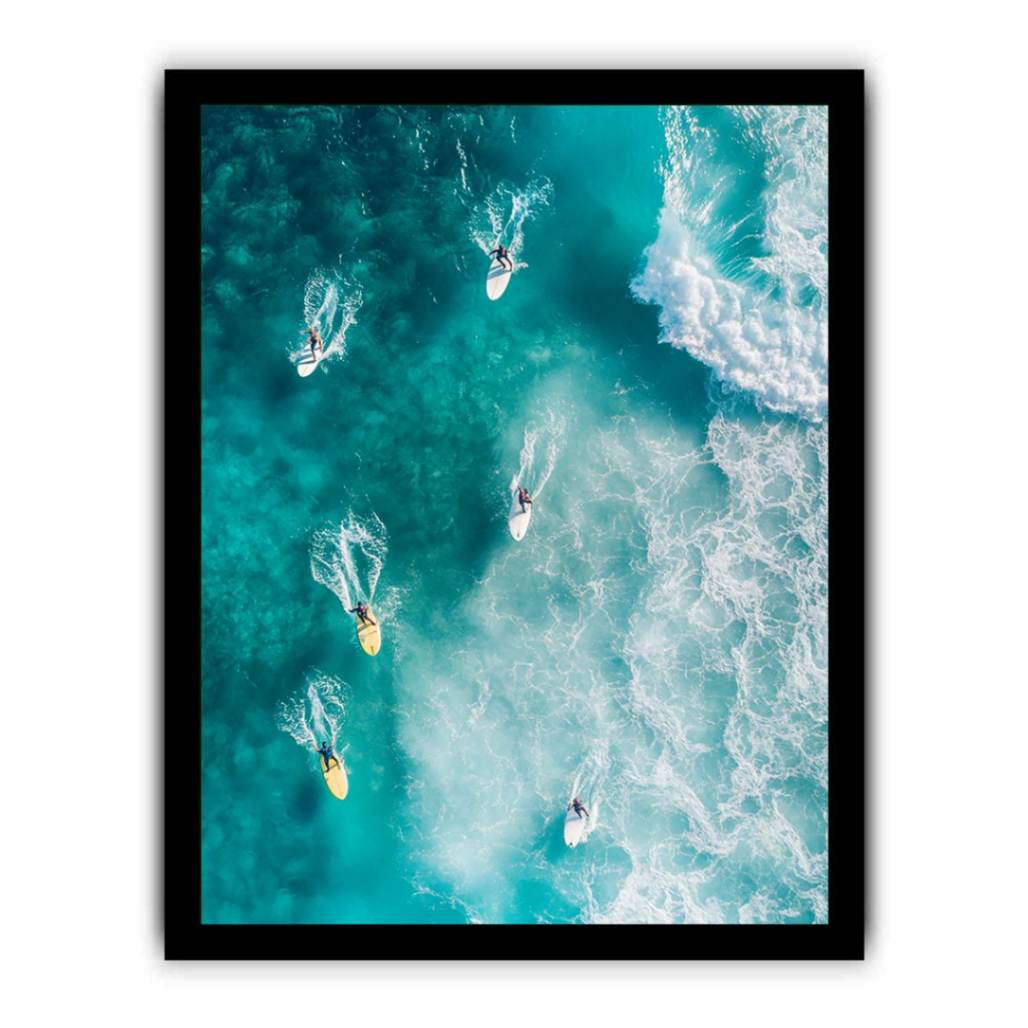 Aerial ocean surfers artwork for modern coastal living room decor