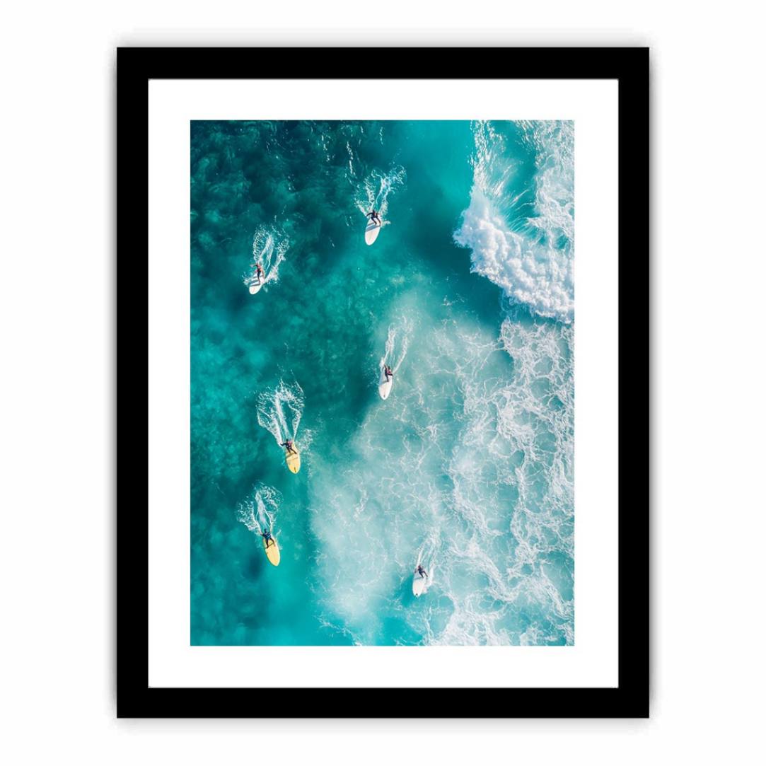 Aerial ocean surfers artwork for modern coastal living room decor