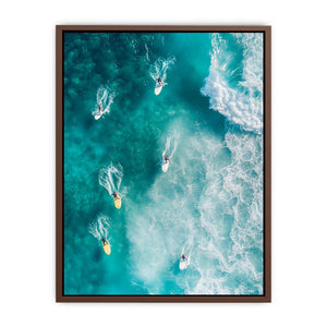 Aerial ocean surfers artwork for modern coastal living room decor