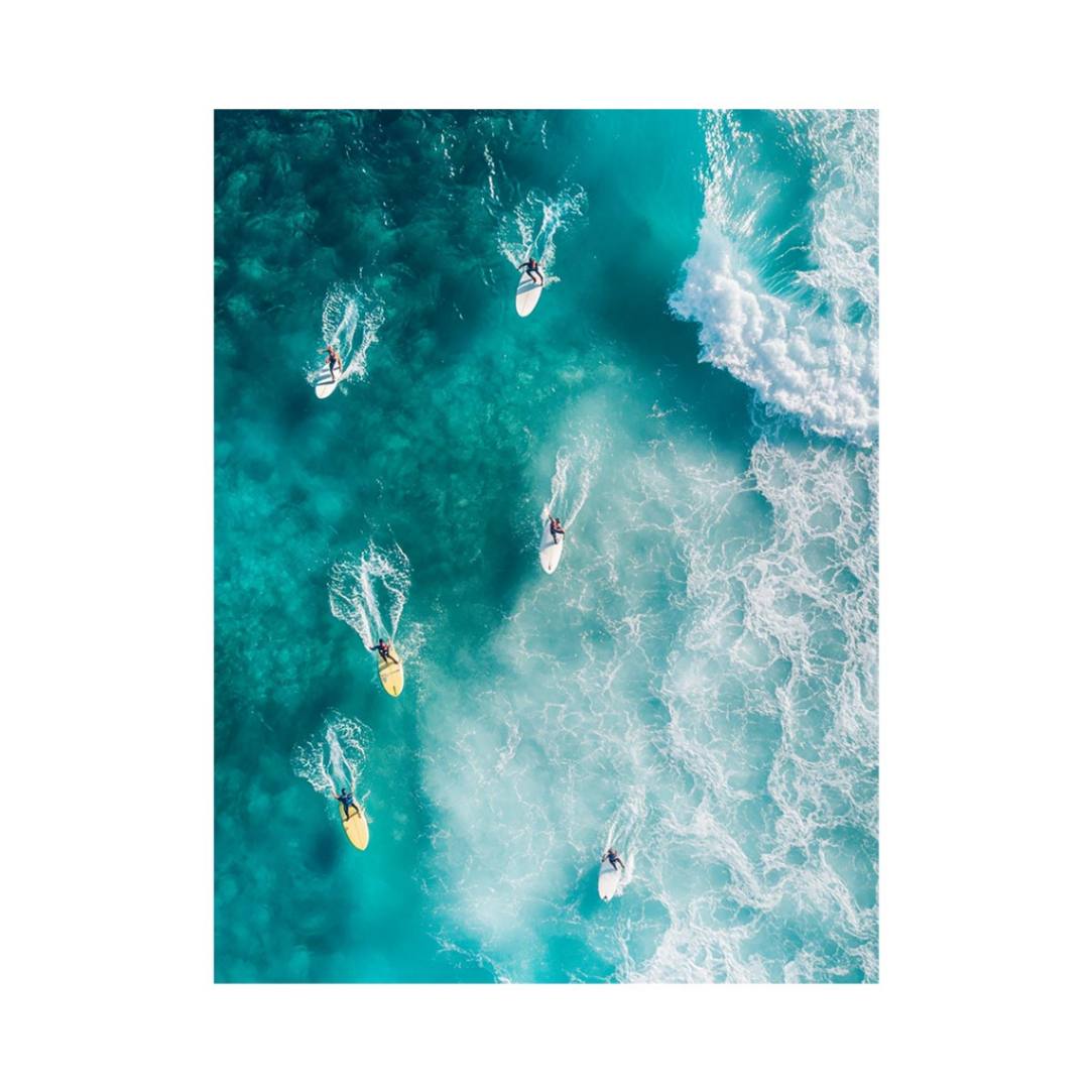 Aerial ocean surfers artwork for modern coastal living room decor