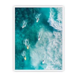 Aerial ocean surfers artwork for modern coastal living room decor