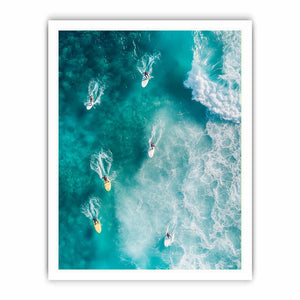Aerial ocean surfers artwork for modern coastal living room decor