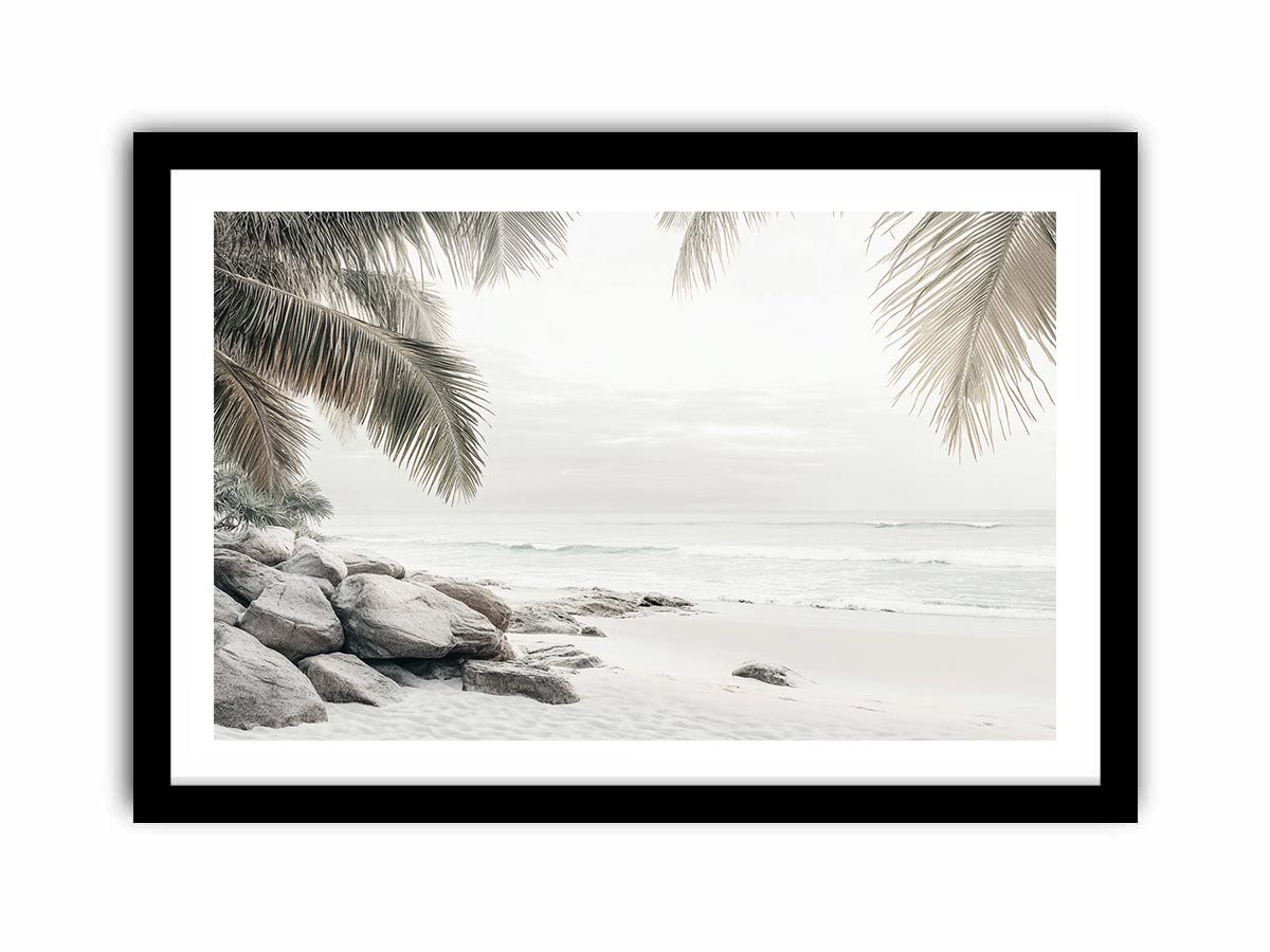 Neutral beach shoreline with palm trees for calming bedroom decor